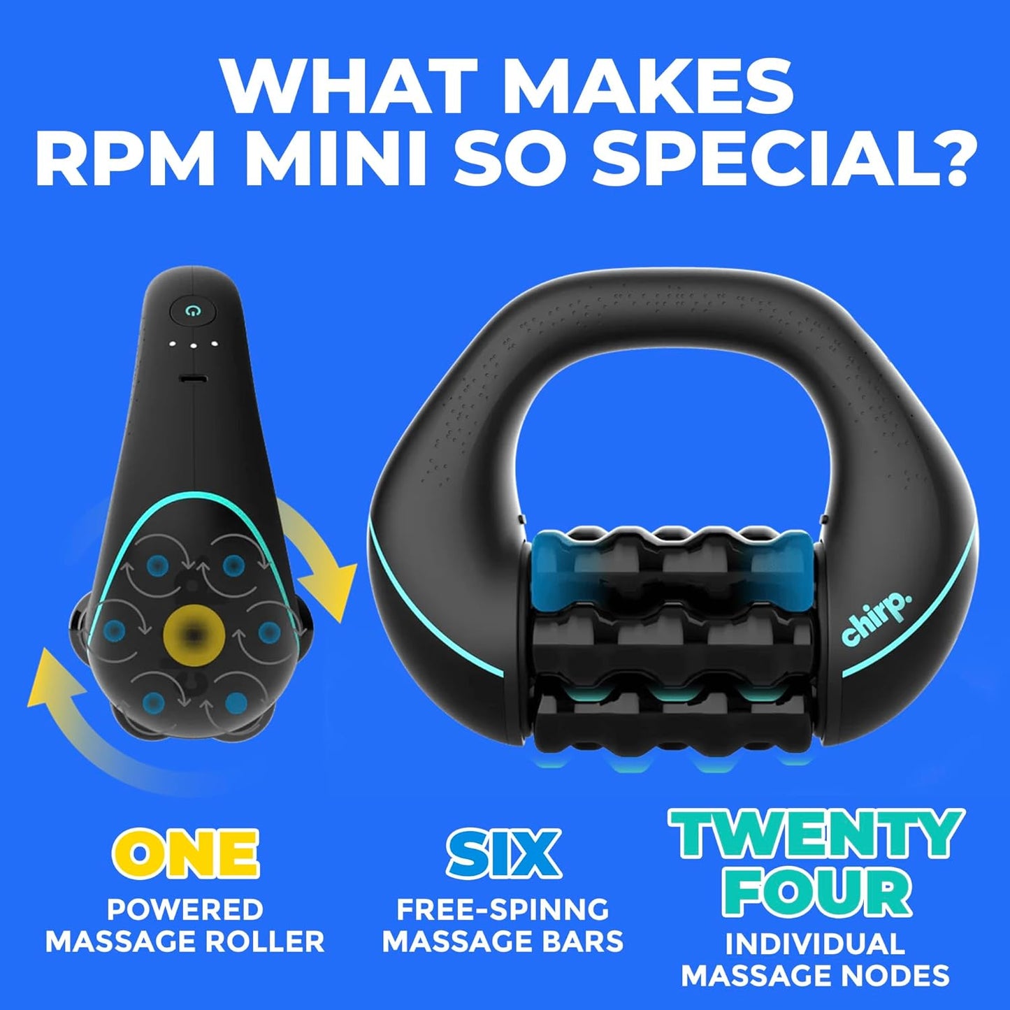 Chirp RPM Rolling Percussive Massager – Deep Tissue Muscle Massager and Back Roller with Hands-Free Base, Rechargeable Leg Massager Roller, 5-Speed Massage Roller Stick for Legs, Foot & Calf Massager