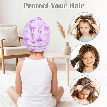 Microfiber Hair Towel Wrap for Kids 2 Pack Quick Drying Hair Towels with Button Hair Turbans for Wet Hair Absorbent Quick Dry Wraps Head Towel Wrap for Women and Girls, Pink Purple Bow