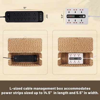 Cable Management Box, Cord Organizer with Lid & Cable Ties - Brown, L