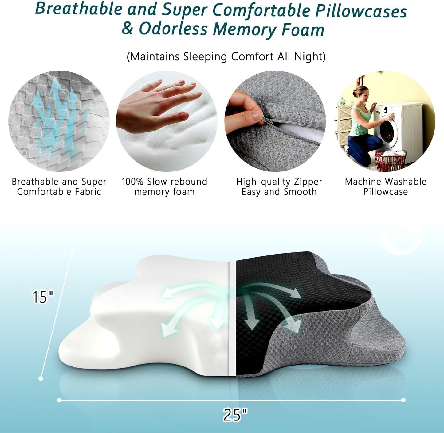 CHxxy Cervical Neck Pillow for Pain Relief Sleeping, Memory Foam Pillows, Ergonomic Side Sleeper Pillows, Cooling Orthopedic Neck Support Pillow for Back Stomach Sleepers-Queen Size Grey&Grey