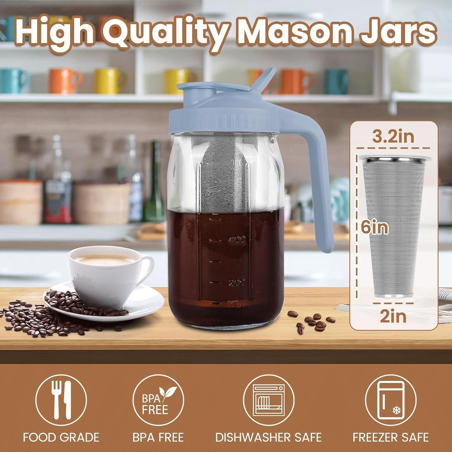 Cold Brew Coffee Maker,64 oz Mason Jar Pitcher with Stainless Steel Filter, Pour Spout Handle Lid, Heavy Duty Glass Airtight & Leak-Proof for Iced Coffee,Tea & Lemonade