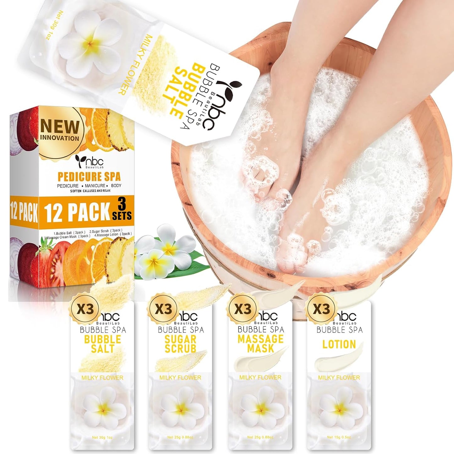 Pedicure Kit Foot Soak Set: Bubble Salt, Sugar Scrub, Massage Mask, Massage Lotion in a Box, 4 Step Foot Spa Kit for Dry Feet, Softens Calluses, Tired Feet（3 Set Lavender) - Colors A