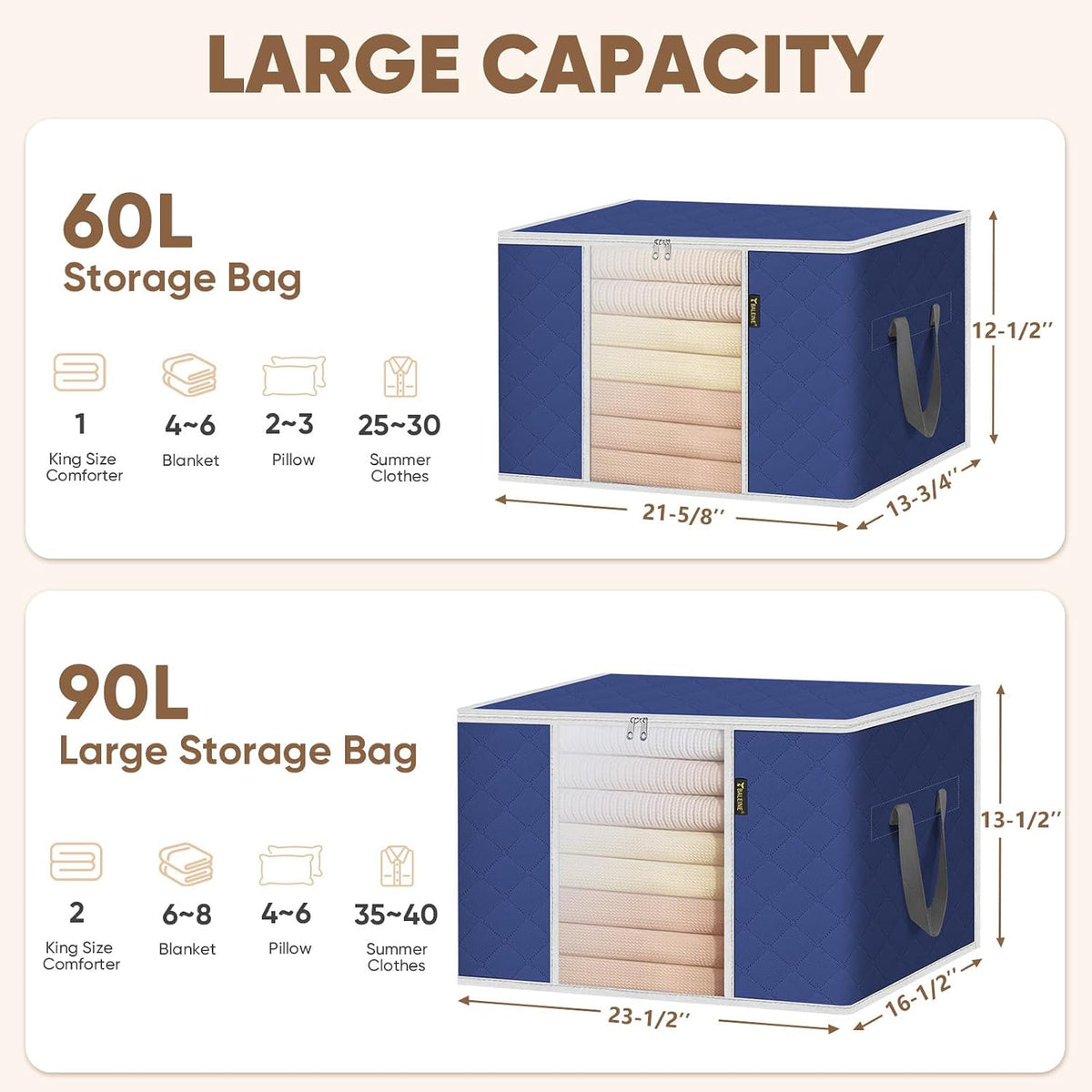 BALEINE Clothes Storage Bags, 24 Gallon Storage Containers with Reinforced Handle, Sturdy Zipper, Closet Organizer for Blanket, Comforter, Pillow, Bedding (Brown)