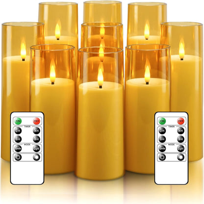 kakoya Flickering Flameless Candles Battery Operated with Remote and 2/4/6/8 H Timer Acrylic Led Pillar Candles Pack of 9 (appr D2.3"xH5.5"6.5"7.5")with Realistic 3D Wick Candles for Home Decor(White)