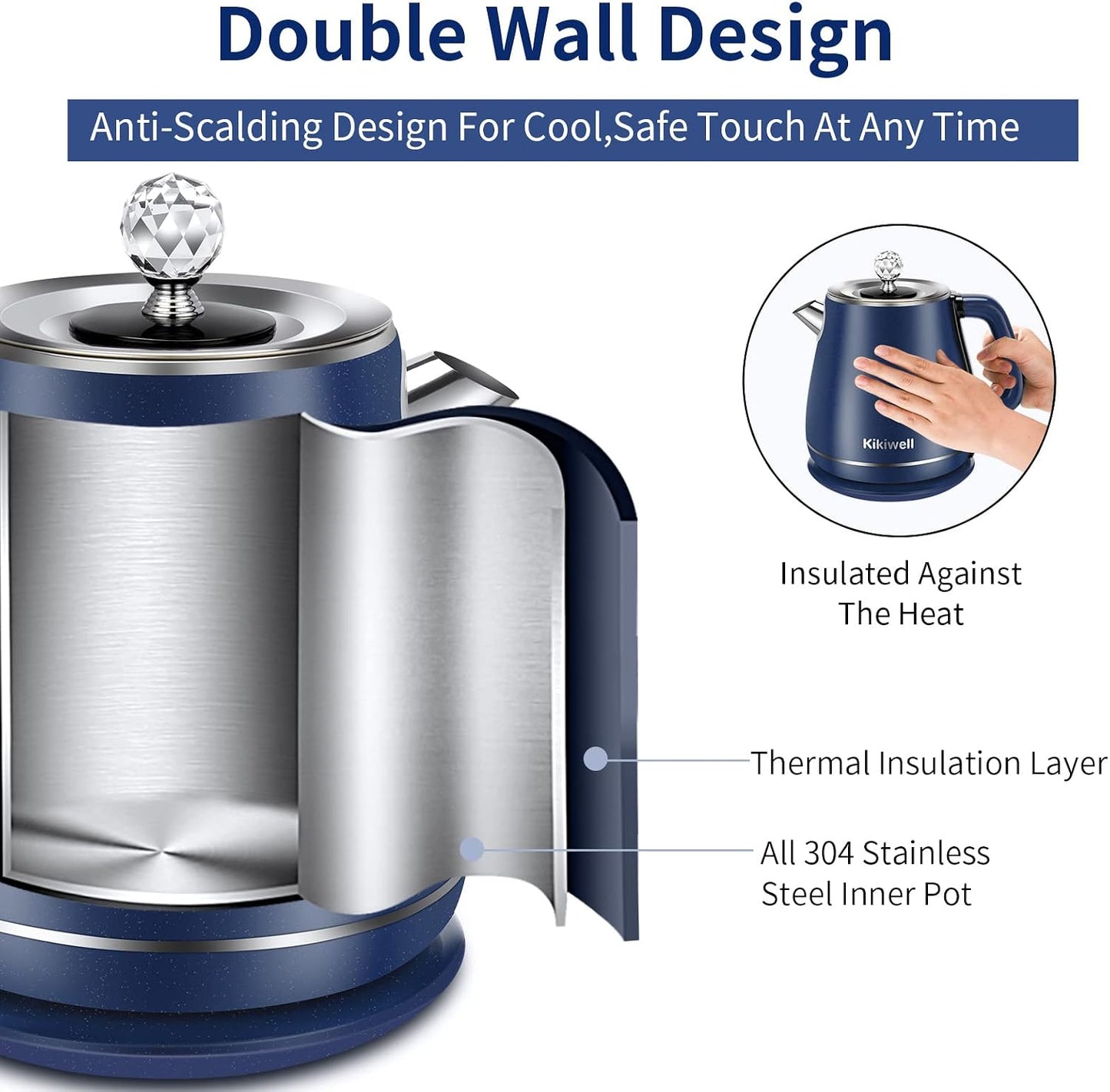 1.8L Blue Electric Kettles Stainless Steel, Double Wall | 1.8L, cool touch double wall stainless steel, 120V 1200W fast boil, auto shutoff & boil dry safety, 2-year warranty