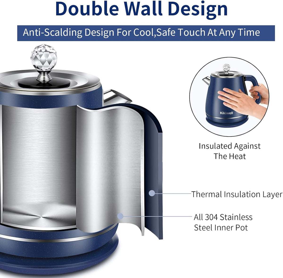 1.8L Blue Electric Kettles Stainless Steel, Double Wall