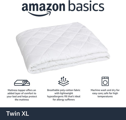 Amazon Basics Hypoallergenic Quilted Breathable Mattress Topper Pad with Protection, 18 Inches Deep, King Size, White