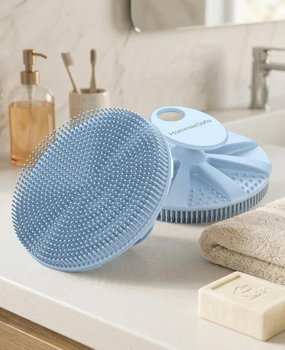 2 Pack Soft Silicone Shower Brush, Body & Face & Short Hair Wash, Bath Exfoliating Skin Massage Scrubber, Dry Skin Brushing Glove Loofah, Fit for Sensitive and All Kinds of Skin (PeonyPink+Green)