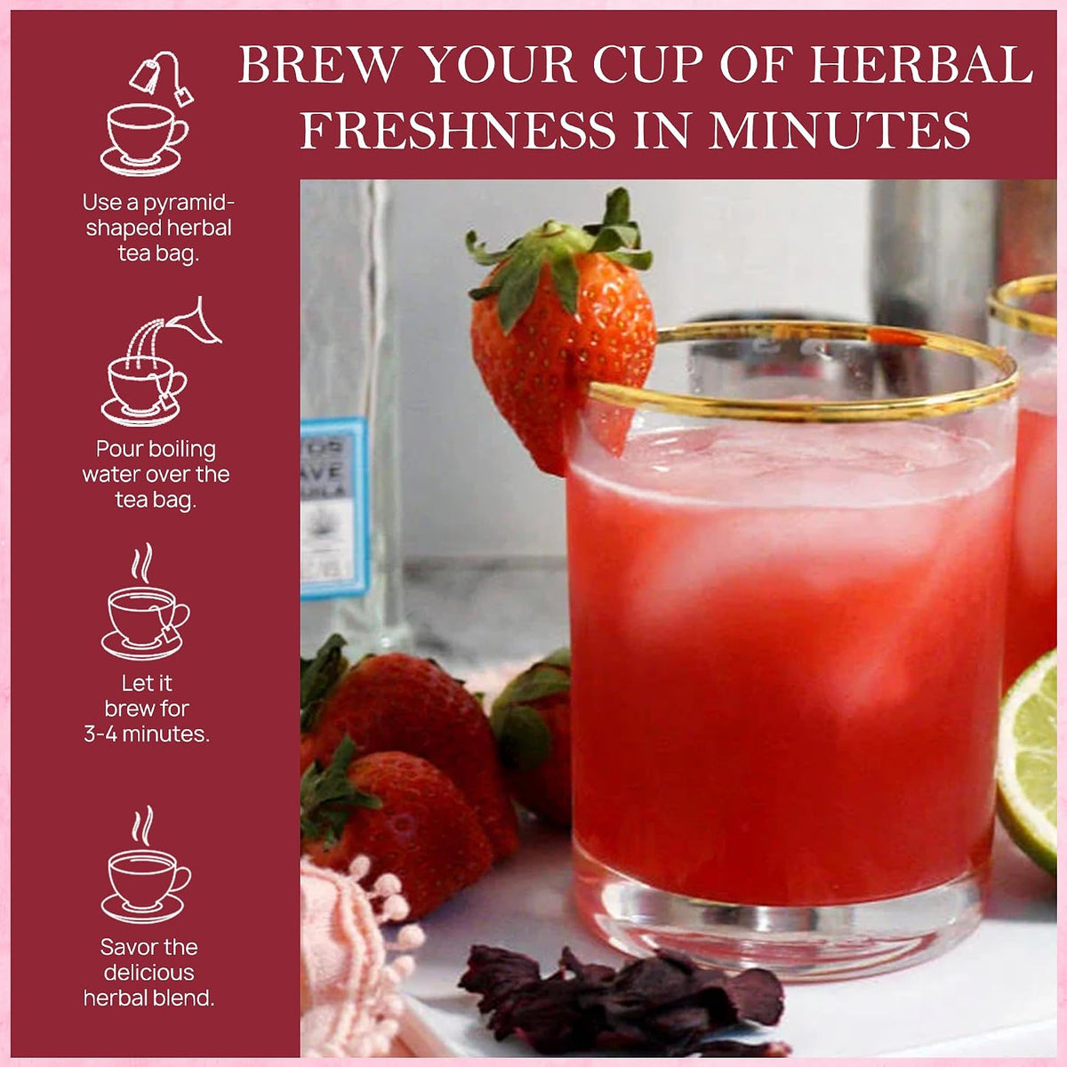 Strawberry Hibiscus Herbal Tea 100gm, Natural Herbal Infusion, 50 Tea Bags