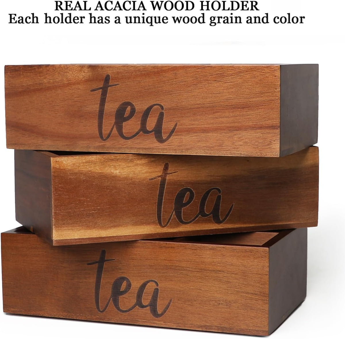 LBEMEY Tea Bag Organizer, Wood Tea Storage Containers with 6 Compartments, Sugar Packet Holder,Tea Bag Caddy Box for Cabinet Countertop Office (Brown-Labeled "Tea")