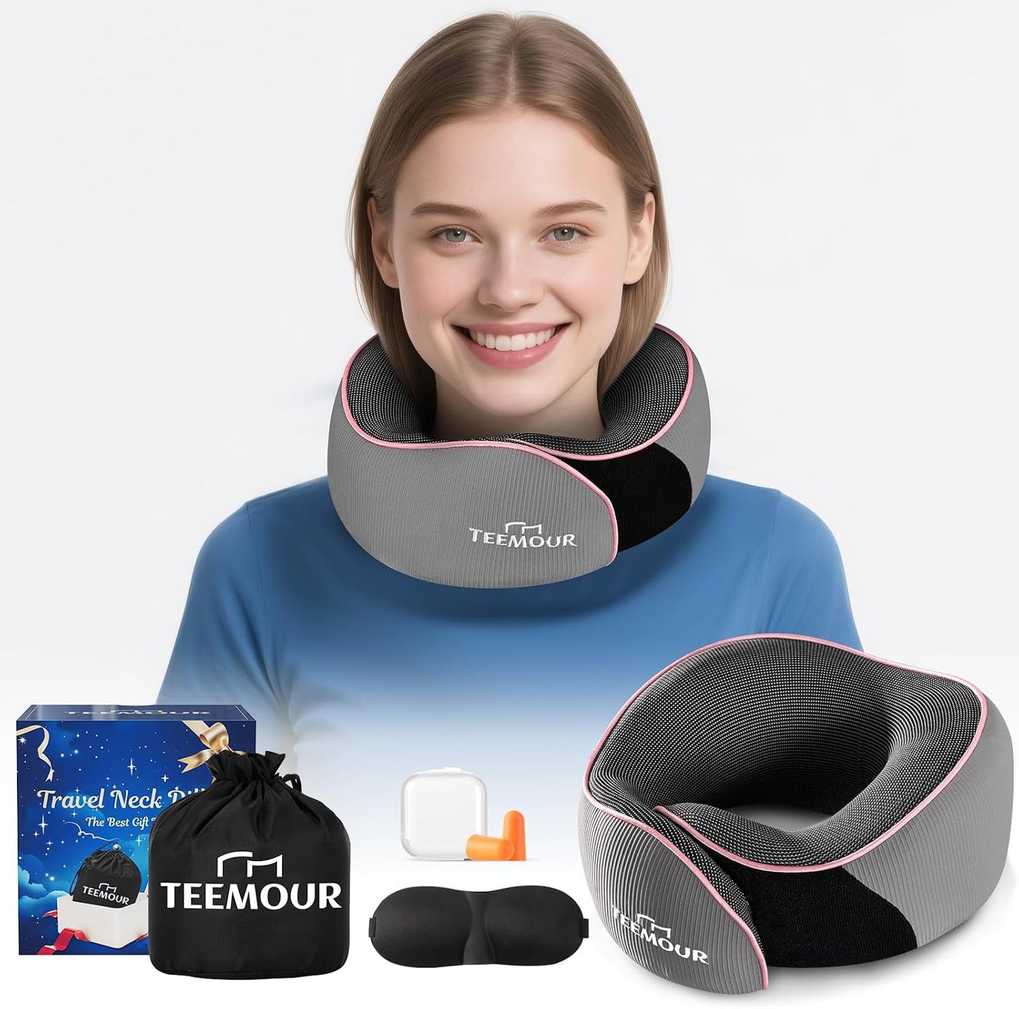 Travel Pillow Neck Pillow for Airplane Travel Essentials - Memory Foam Travel Neck Pillow, Stops Head Bobbing With Eye Mask & Earplugs, Portable Carry Bag for Long Flights| Airplane Accessories Black