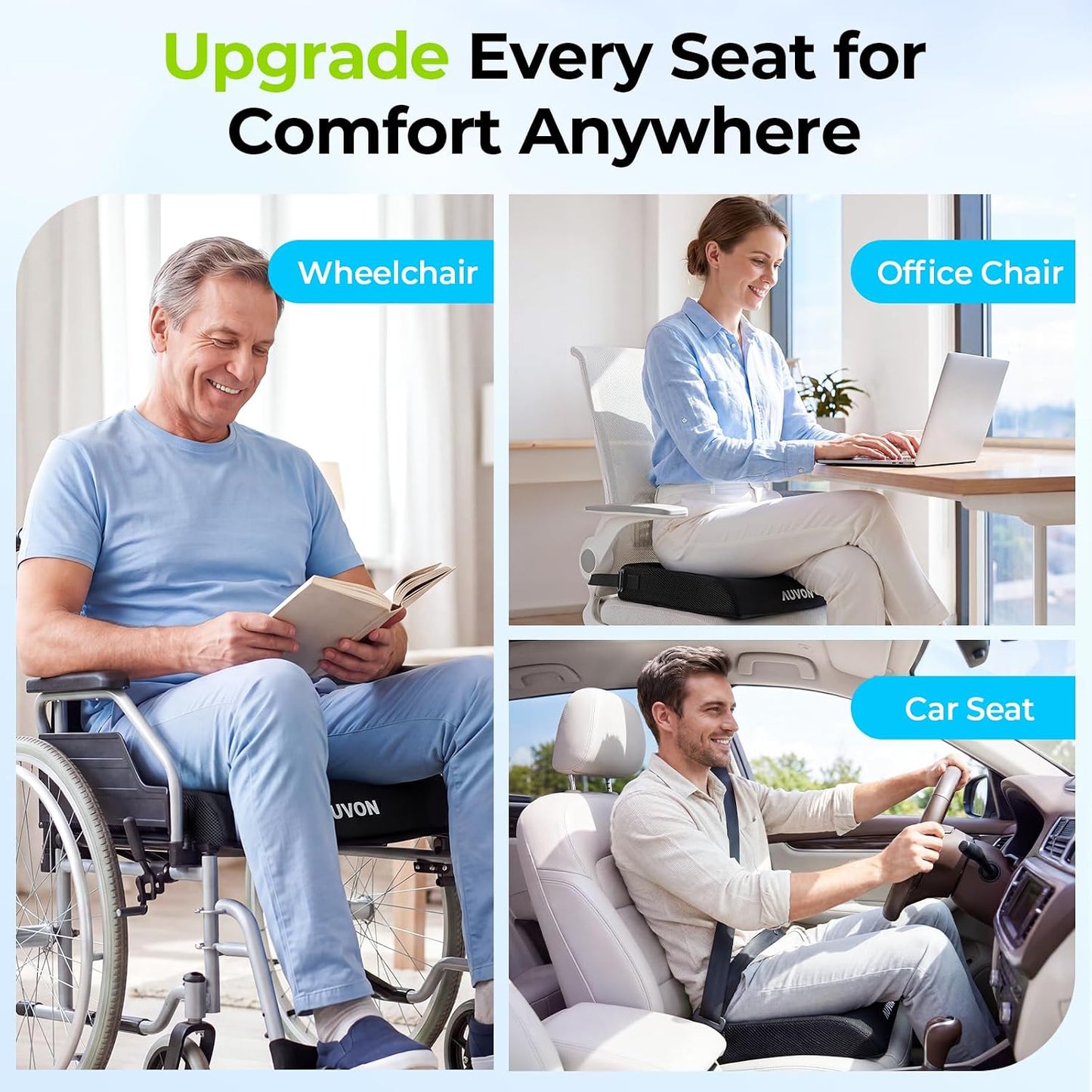 AUVON Gel Wheelchair Seat Cushion, Waterproof Cover, Pressure Sore & Ulcer | Ergonomic Chair Cushion with U-Cutout for Tailbone Pain, Back Pain Relief, Memory Foam Wheelchair Cushion, Anti-Slip