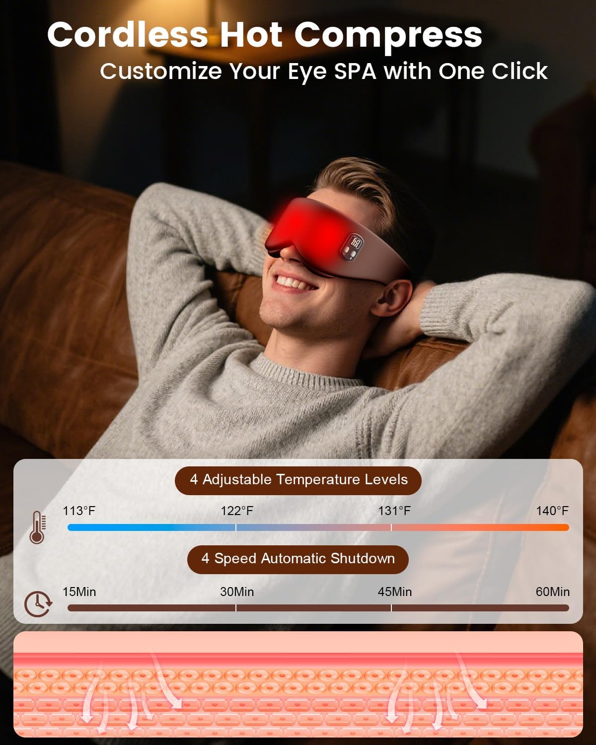 Cordless Heated Eye Mask, 4 Temp Timed Shutdown for Dry Eyes & Sleep Relief