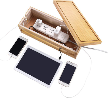Changsuo Cable Management Box Wooden Cord Organizer Box for Extension Cord Power Stripe Surge Protector Wire Management Concealer Cover Hider for Desktop Home Office Kitchen (Brown)