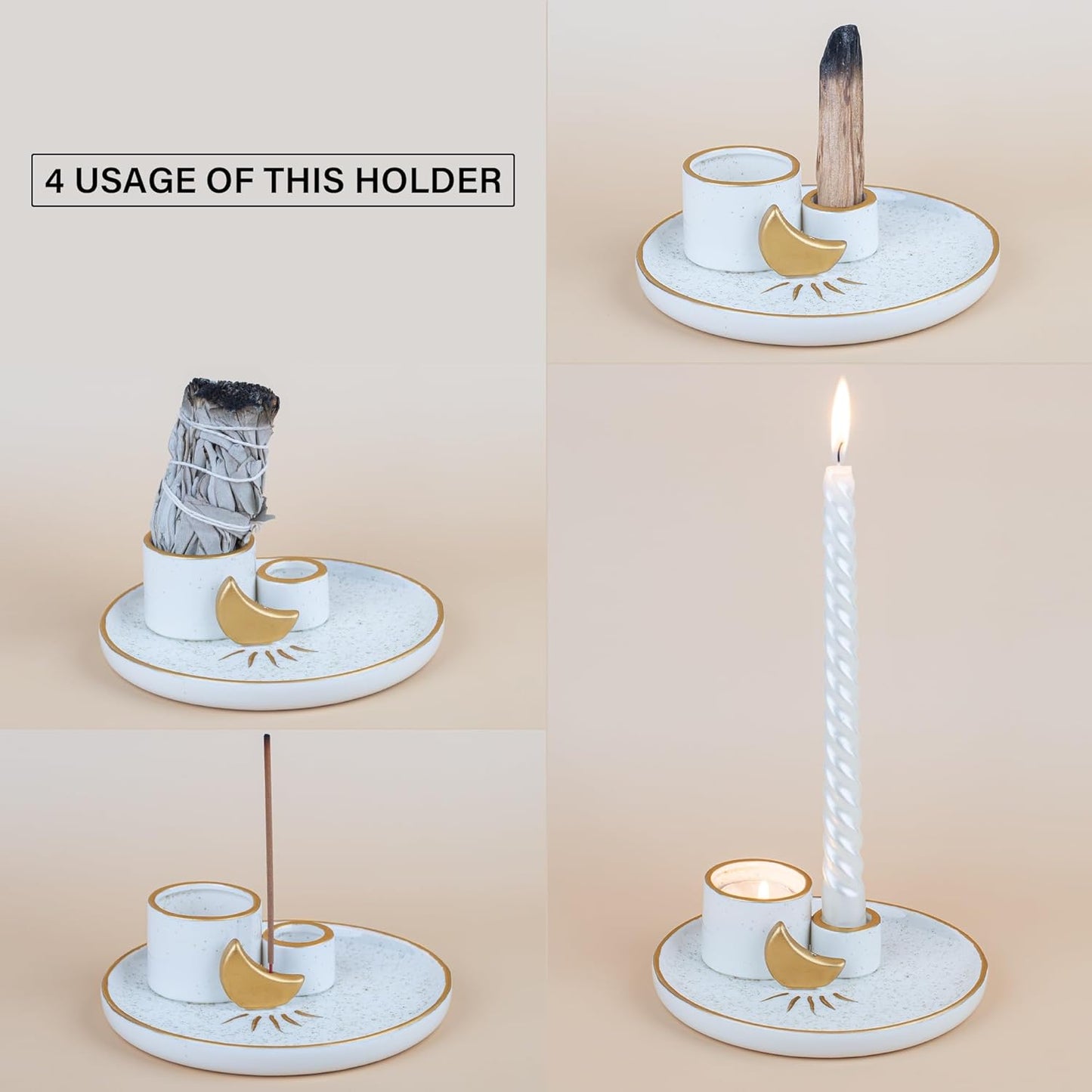ZenBless Multifunction Incense and Candle Holder for Burning Sage, Palo Santo, Incense Sticks - 5.9" Ceramic Ash Catcher Tray for Meditation Room Home Decor Spritual Gifts (Gold)