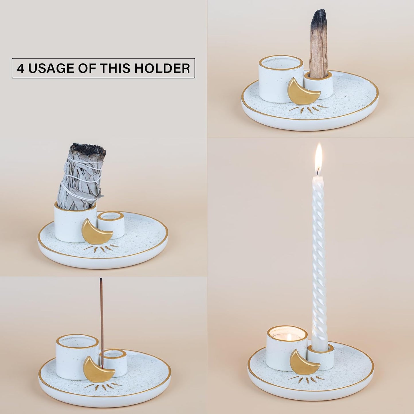 ZenBless Multifunction Incense and Candle Holder for Burning Sage, Palo Santo, Incense Sticks - 5.9" Ceramic Ash Catcher Tray for Meditation Room Home Decor Spritual Gifts (Gold)