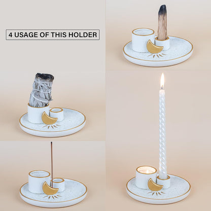 ZenBless Multifunction Incense and Candle Holder for Burning Sage, Palo Santo, Incense Sticks - 5.9" Ceramic Ash Catcher Tray for Meditation Room Home Decor Spritual Gifts (Gold)