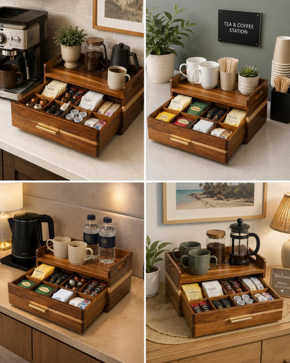 Acacia Wood Tea Bag Organizer for Countertop, Tea Holder Organizer with Storage Drawer