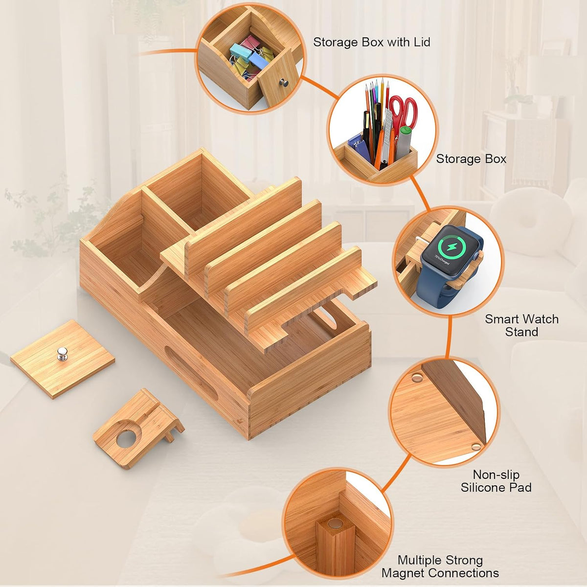 Bamboo Charging Station for Multiple Devices with USB Charger, 5 Cables