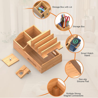 Bamboo Charging Station for Multiple Devices with USB Charger, 5 Cables