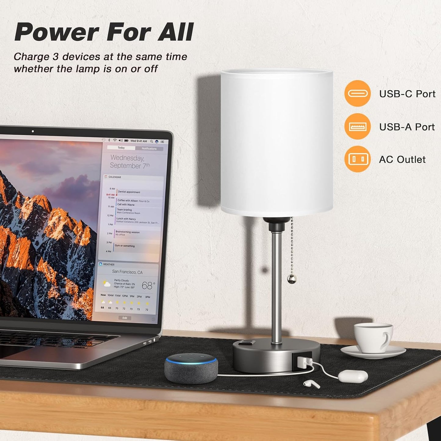 Small Bedside Table lamp for Bedroom - 3 Color Temperatures Bedside Lamps with USB C and A Ports, Pull Chain Table Lamps with AC Outlet, White Nightstand Lamps with Black Metal Base for Kids Reading