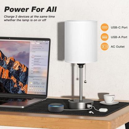 Small Bedside Table lamp for Bedroom - 3 Color Temperatures Bedside Lamps with USB C and A Ports, Pull Chain Table Lamps with AC Outlet, White Nightstand Lamps with Black Metal Base for Kids Reading