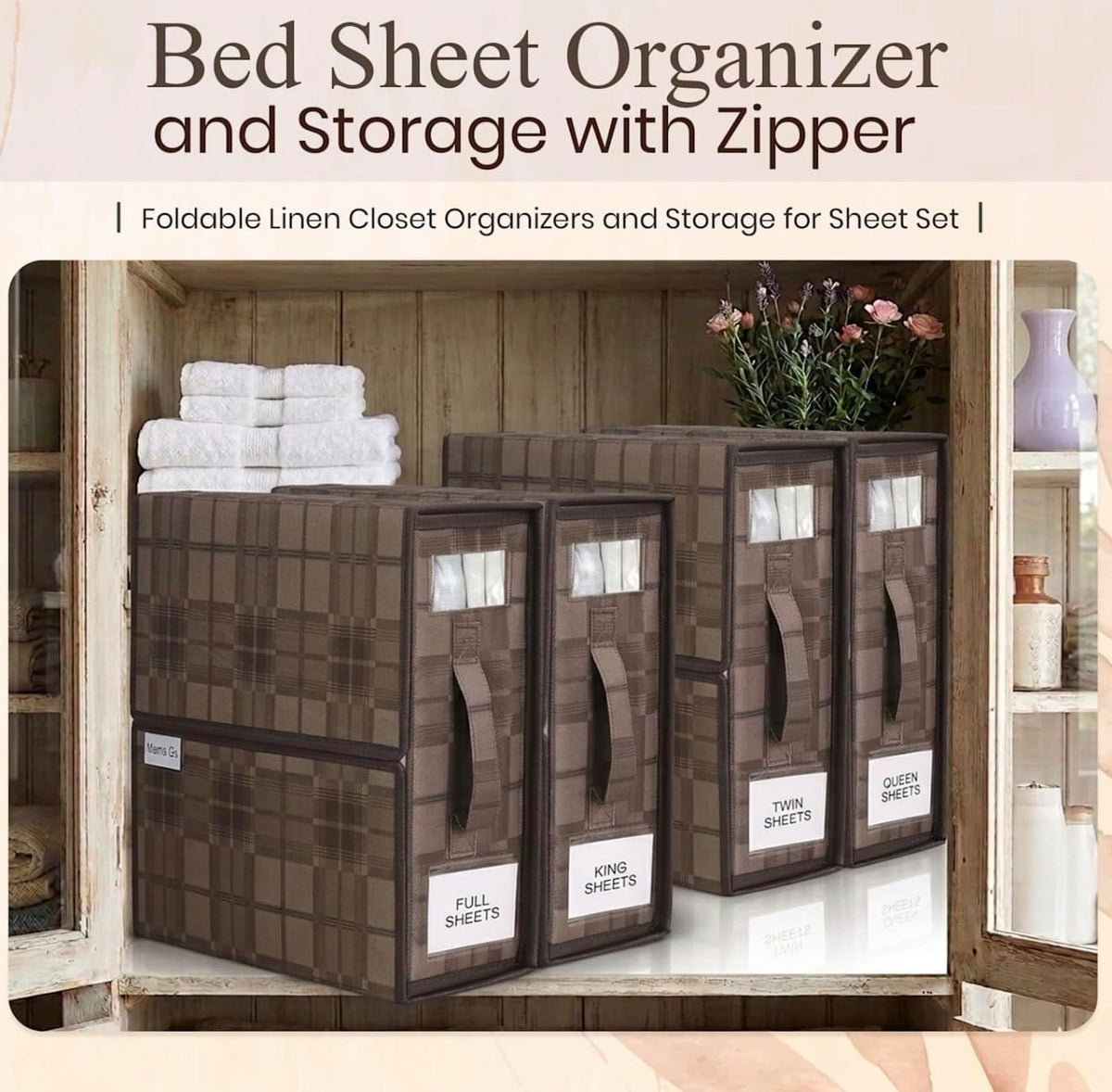 4 Pack Bed Sheet Organizer and Storage with Zipper – Linen Closet Organizers for Full, King, Queen & Twin Sheet Sets, Bedding Storage for Blankets and Duvet Covers, Black