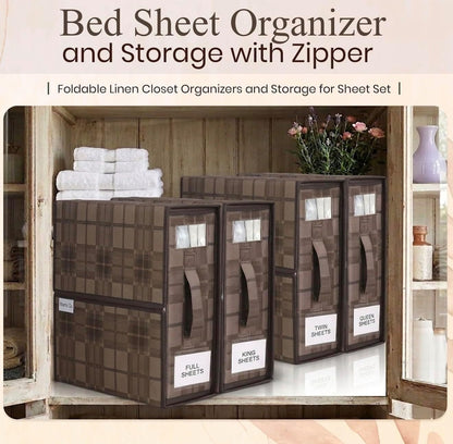 4 Pack Bed Sheet Organizer and Storage with Zipper – Linen Closet Organizers for Full, King, Queen & Twin Sheet Sets, Bedding Storage for Blankets and Duvet Covers, Black