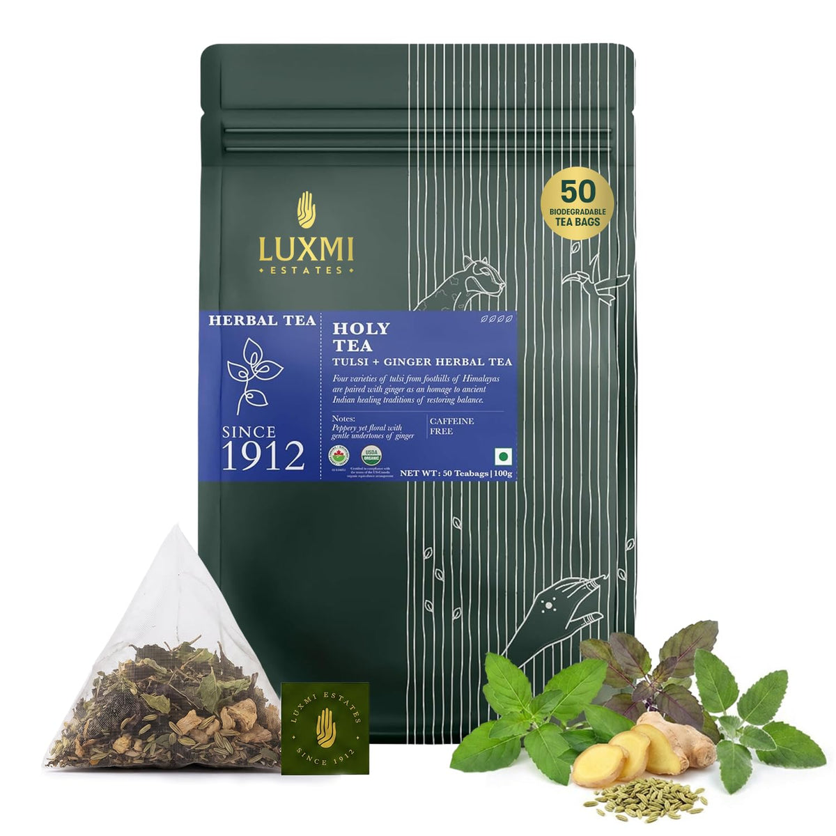 Luxmi Estates, Organic Basil Tulsi Tea, 50 Tea Bags, Caffeine-Free, Non-GMO and Organic for Immunity