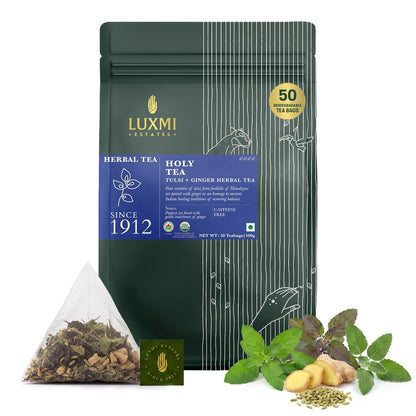 Luxmi Estates, Organic Basil Tulsi Tea, 50 Tea Bags, Caffeine-Free, Non-GMO and Organic for Immunity