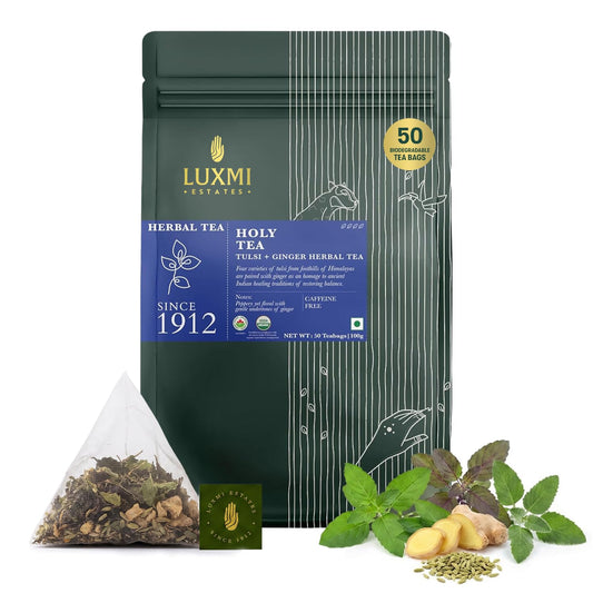 Luxmi Estates, Organic Basil Tulsi Tea, 50 Tea Bags, Caffeine-Free, Non-GMO and Organic for Immunity