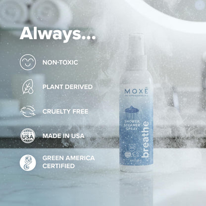 MOXĒ Eucalyptus Oil Shower Mist, Spa Steam Spray, Certified Natural 100% Essential Oils, Made in USA, Aromatherapy, Sinus Congestion Relief, Tension Relief, 4 Ounces