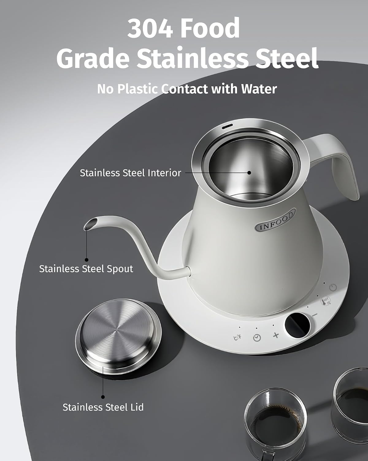 INFOOD 0.8L Gooseneck Electric Kettle, Precise Temperature Control for Pour Over Coffee & Tea, 1200W Fast Boiling Water, Auto Shut Off, Scheduling, Stainless Steel, Floral Painted Design
