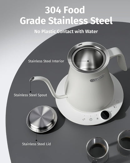 INFOOD 0.8L Gooseneck Electric Kettle, Precise Temperature Control for Pour Over Coffee & Tea, 1200W Fast Boiling Water, Auto Shut Off, Scheduling, Stainless Steel, Floral Painted Design