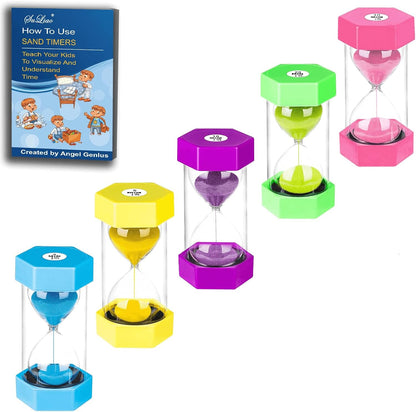 Sand Timers for Kids, 1/2/3/5/10/30 Minutes Acrylic Hourglass Sand Clock, Colorful Plastic Sand Watch Hour Glass Sandglass for Classroom, Games, Kitchen (Pack of 6)