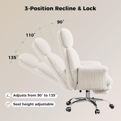 Big and Tall Office Chair, Flip Armrests for Pets & Cross Legged Sitting, Executive Ergonomic Computer Gaming Chair with Foot Rest, Teddy Fleece Wide Seat Reclining Desk Chair, White Vanity Chair