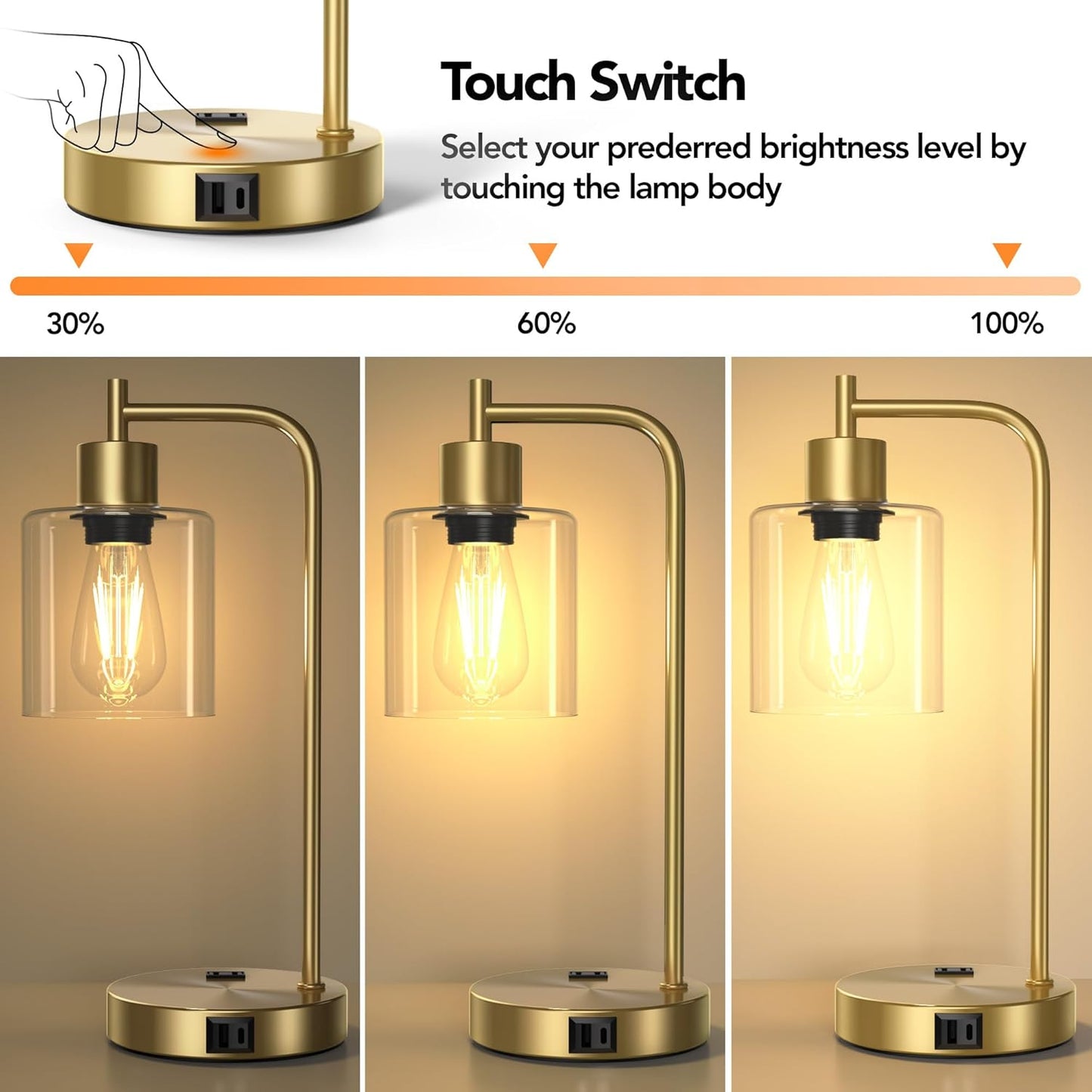 QiMH Industrial Table Lamp for Bedroom Set of 2, Green Glass Beside Lamp with USB A&C Ports, Stepless Dimmable Gold Lamps, Nightstand Lamps for Living Room, Office, Home Decor(Bulb Included)