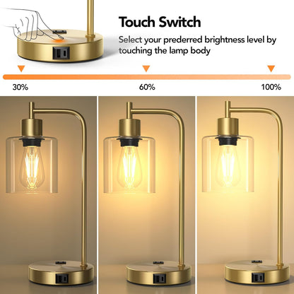 QiMH Industrial Table Lamp for Bedroom Set of 2, Green Glass Beside Lamp with USB A&C Ports, Stepless Dimmable Gold Lamps, Nightstand Lamps for Living Room, Office, Home Decor(Bulb Included)