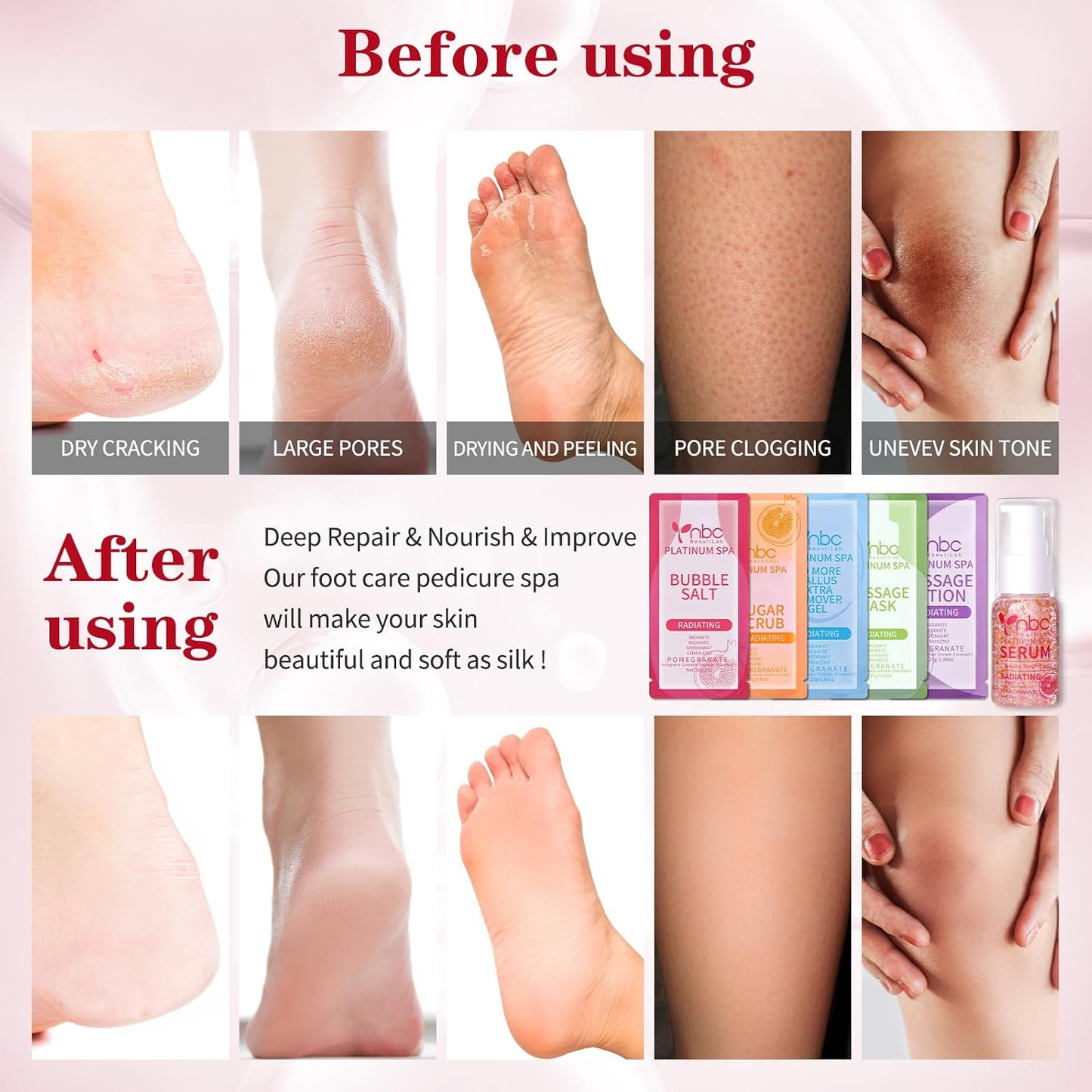 Pedicure Kit Foot Soak Set: Bubble Salt, Sugar Scrub, Massage Mask, Massage Lotion in a Box, 4 Step Foot Spa Kit for Dry Feet, Softens Calluses, Tired Feet（3 Set Lavender) - Colors A