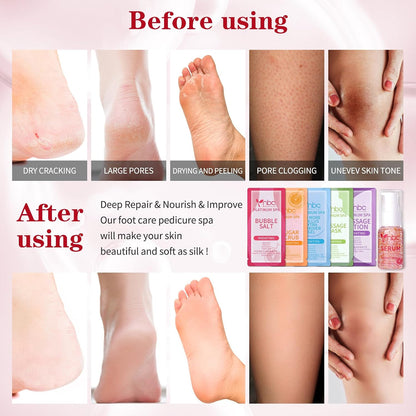 Pedicure Kit Foot Soak Set: Bubble Salt, Sugar Scrub, Massage Mask, Massage Lotion in a Box, 4 Step Foot Spa Kit for Dry Feet, Softens Calluses, Tired Feet（3 Set Lavender) - Colors A