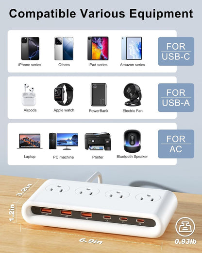 Power Strip with USB Port - 4AC & 6 USB(3USB C), Outlet Extender 5FT