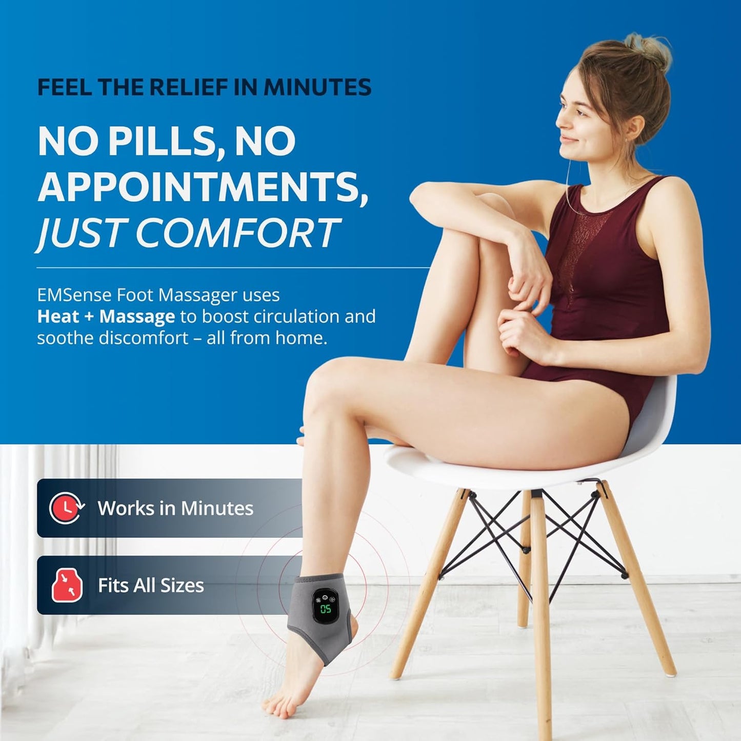 EMSense Heating Foot Massager - Cordless Vibration & Heat Therapy Wrap with 5 Heat Levels & 3 Vibration Modes for Tired Feet, Ankles & Lower Calf, USB-C Rechargeable - 1 Pack