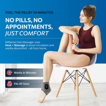EMSense Heating Foot Massager - Cordless Vibration & Heat Therapy Wrap with 5 Heat Levels & 3 Vibration Modes for Tired Feet, Ankles & Lower Calf, USB-C Rechargeable - 1 Pack