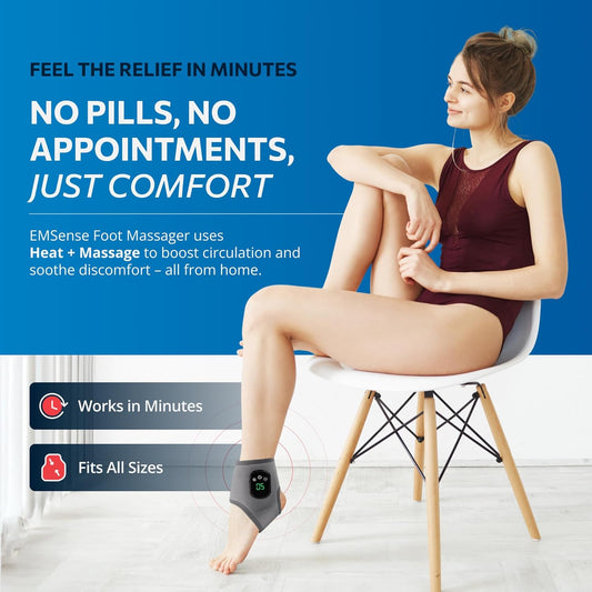 EMSense Heating Foot Massager - Cordless Vibration & Heat Therapy Wrap with 5 Heat Levels & 3 Vibration Modes for Tired Feet, Ankles & Lower Calf, USB-C Rechargeable - 1 Pack