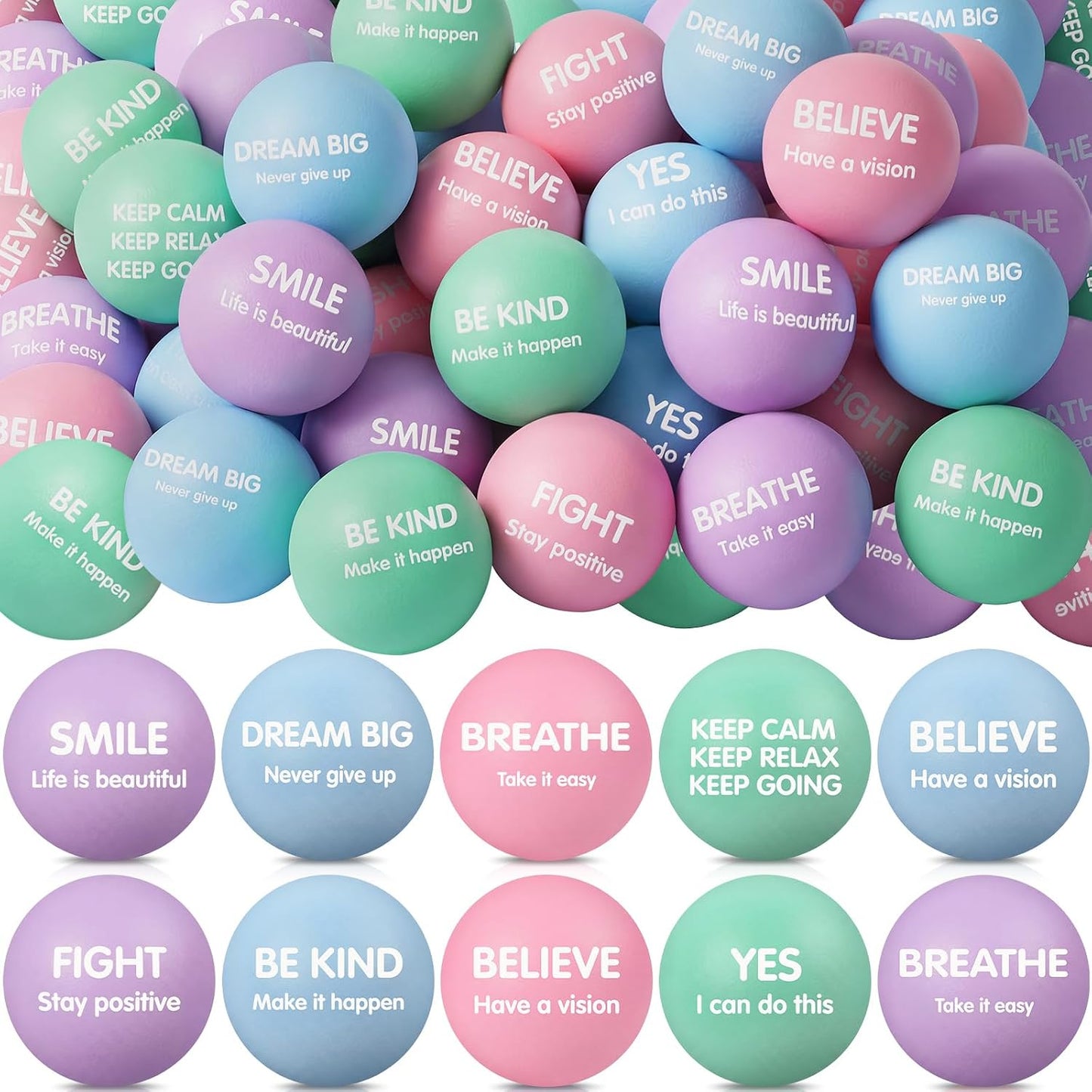 Liliful 100 Pcs Motivational Stress Balls Bulk Inspirational Squeeze Balls for Adults Anxiety Relief Fidget Toys Office Employee Gifts Classroom Rewards 2.2 Inch (Bright Colors)