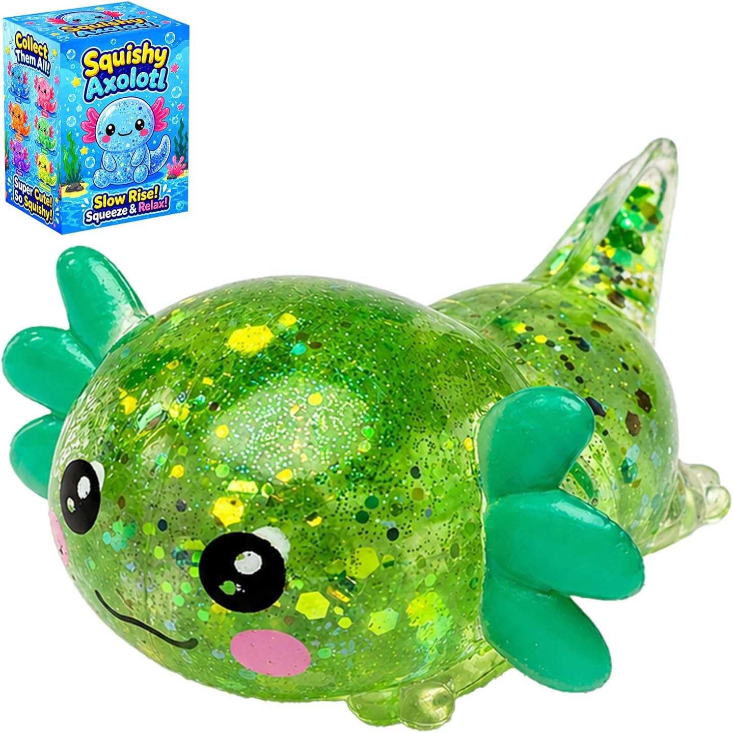 Axolotl Squishy Toy, Cute Glitter Stress Relief Fidget Toy, Soft Squeeze Sensory Toy for Kids Adults, Axolotl Squishy Stress Ball Anxiety Calming Desk Toy Party Favor Handheld Fidget (Yellow)