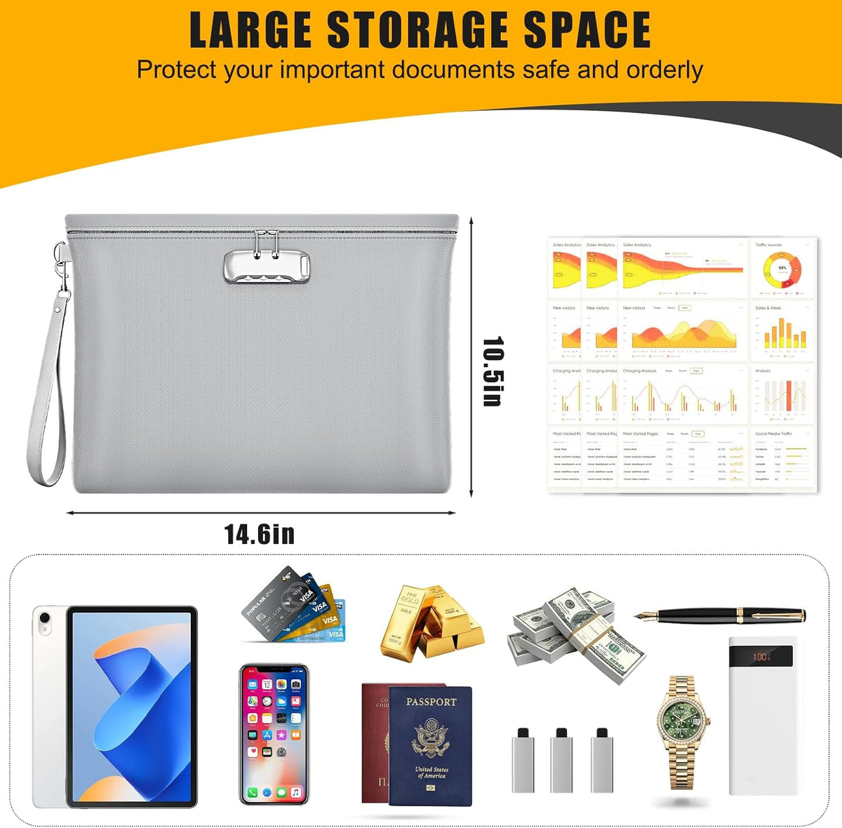 Fireproof Document Bag with Lock,Waterproof Money Pouch,14.3"x10.2"