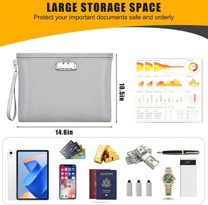 Fireproof Document Bag with Lock,Waterproof Money Pouch,14.3"x10.2"