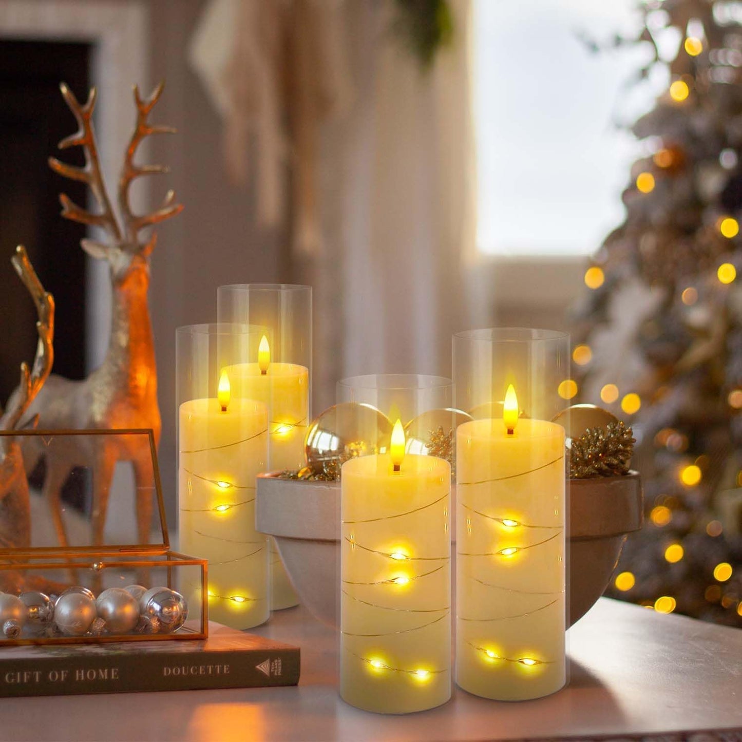 24 Pcs LED Flameless Candles with Remote, 3D Flickering Flame & LED String Lights, Acrylic Clear Cylinder, Timer Function, Romantic Ambience for Home Decor, Party, Wedding (Ivory).