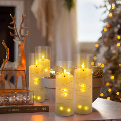 24 Pcs LED Flameless Candles with Remote, 3D Flickering Flame & LED String Lights, Acrylic Clear Cylinder, Timer Function, Romantic Ambience for Home Decor, Party, Wedding (Ivory).